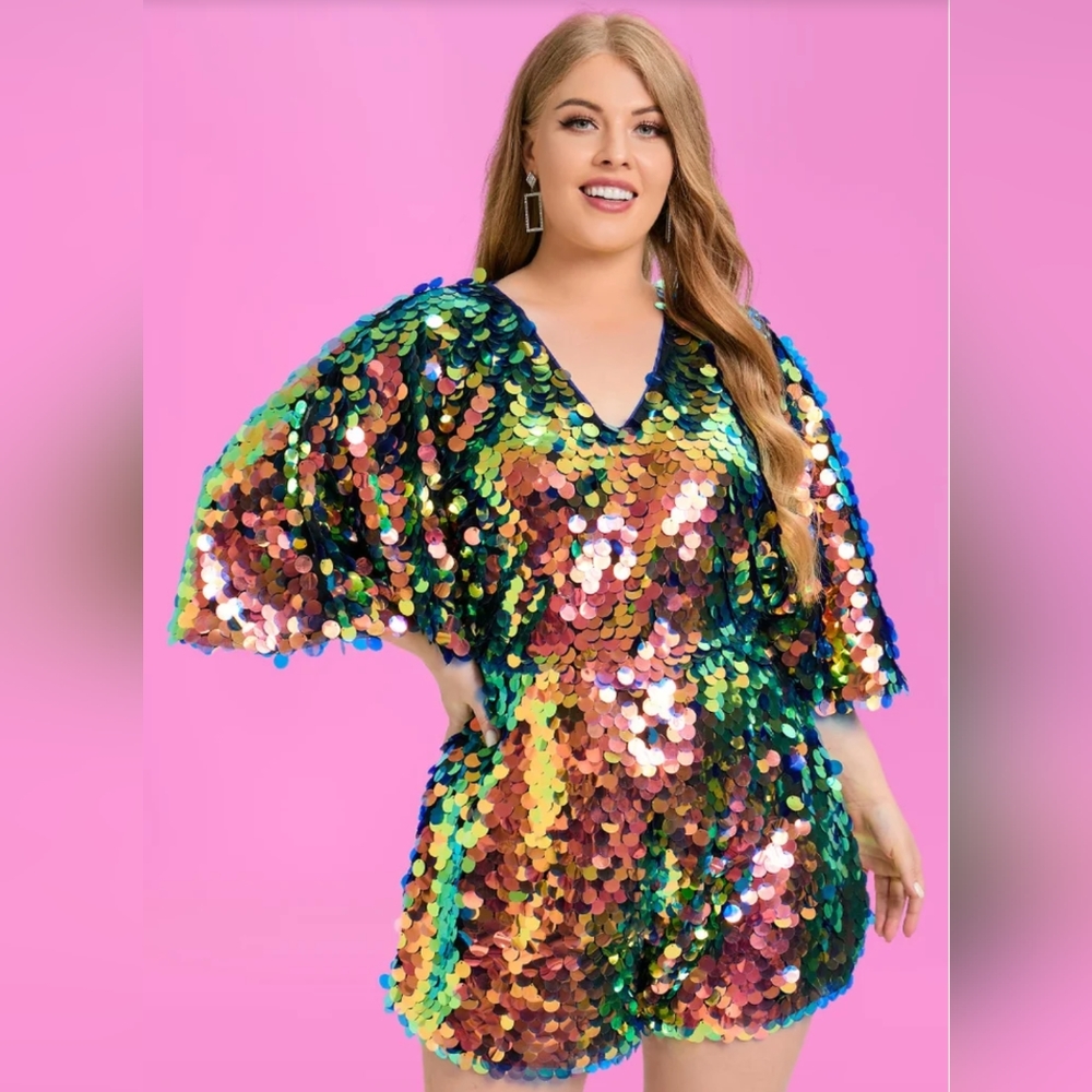 Xpluswear Design Party Sparkly Iridescent Round Sequin V-Neck ROMPER